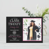 Schwarz-Rosa-Abschluss Einladung mit Foto (Stehend Vorderseite)