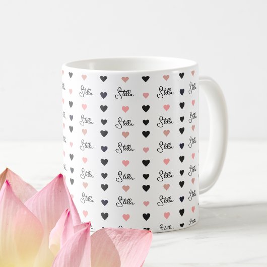 Schwarz / Rosa Akkordeonherzen mit individuelle Na Kaffeetasse
