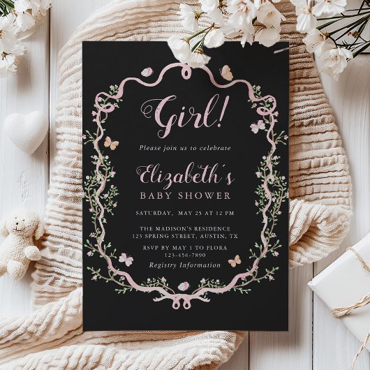Schwarz-Rosa-Blossom-Bläschen-Girl-Babydusche Einladung