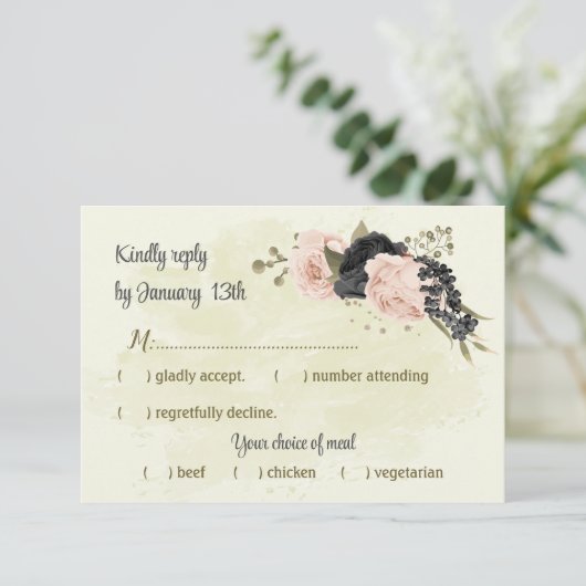 Schwarz Rosa Blume botanische Hochzeit RSVP Karte (Stehend Vorderseite)