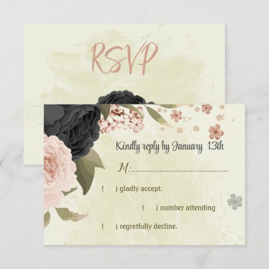 Schwarz Rosa Blume botanische Hochzeit RSVP Karte (Vorne/Hinten)