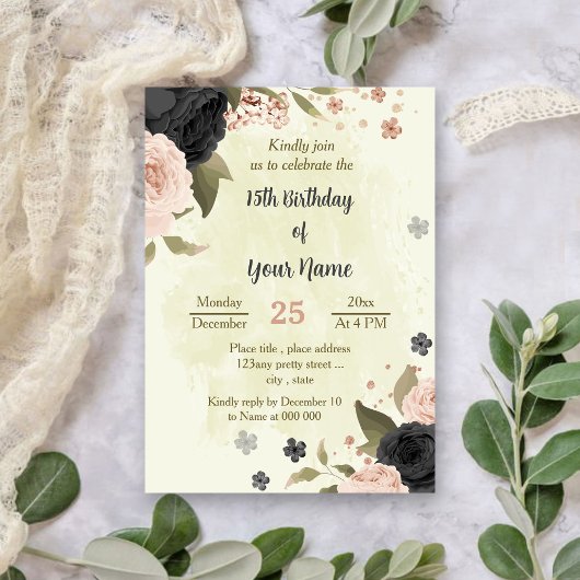Schwarz-Rosa-Blume botanischer Geburtstag Einladung