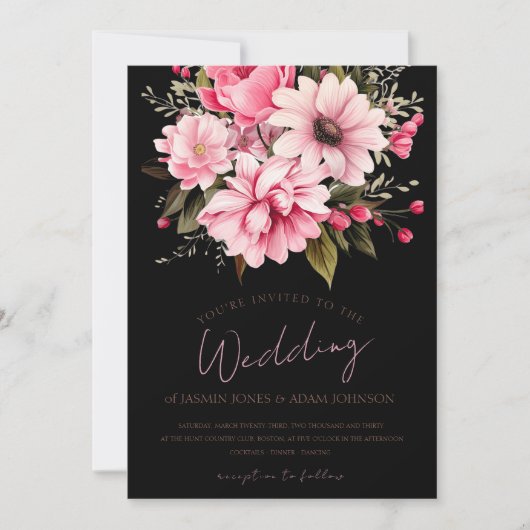 Schwarz-Rosa-Blume Dunkelästhetische Hochzeit Einladung (Vorderseite)