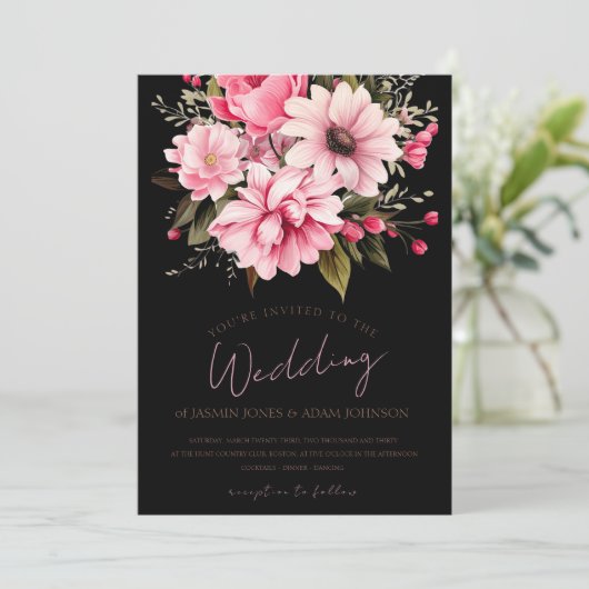 Schwarz-Rosa-Blume Dunkelästhetische Hochzeit Einladung (Stehend Vorderseite)