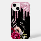 Schwarz-Rosa-Blume Glitzer Tropfen Name Case-Mate iPhone Hülle (Rückseite)