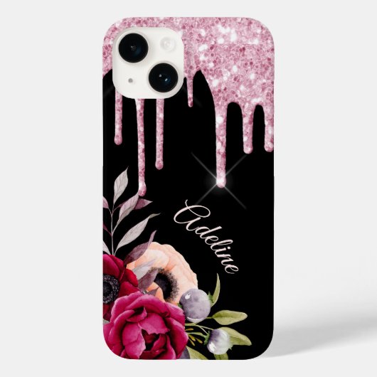 Schwarz-Rosa-Blume Glitzer Tropfen Name Case-Mate iPhone Hülle (Rückseite)