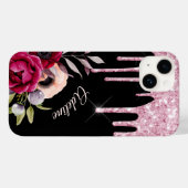 Schwarz-Rosa-Blume Glitzer Tropfen Name Case-Mate iPhone Hülle (Rückseite (Horizontal))