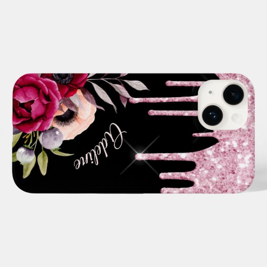 Schwarz-Rosa-Blume Glitzer Tropfen Name Case-Mate iPhone Hülle (Rückseite (Horizontal))
