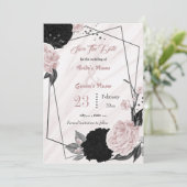 Schwarz-Rosa-Blume graue Blätter botanisch geometr Save The Date (Stehend Vorderseite)