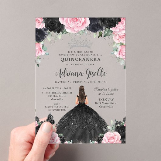 Schwarz Rosa Blume Kleid Silver Quinceanera Acryleinladungen (Insitu (Handheld))