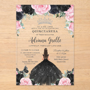 Schwarz Rosa Blume Kleid Silver Quinceanera Acryleinladungen