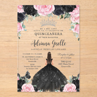 Schwarz Rosa Blume Kleid Silver Quinceanera Acryleinladungen