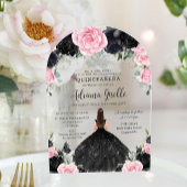 Schwarz Rosa Blume Kleid Silver Quinceanera Acryleinladungen