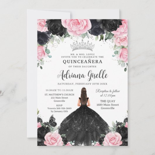 Schwarz Rosa Blume Kleid Silver Quinceanera Einladung (Vorderseite)