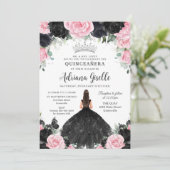 Schwarz Rosa Blume Kleid Silver Quinceanera Einladung (Stehend Vorderseite)