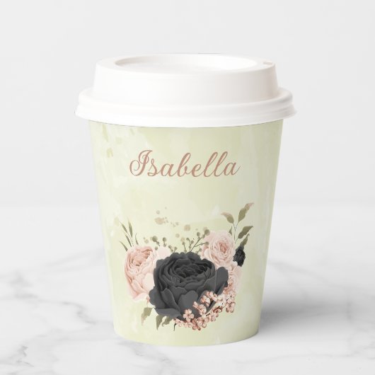 Schwarz-Rosa-Blume Pappbecher (Vorderseite)