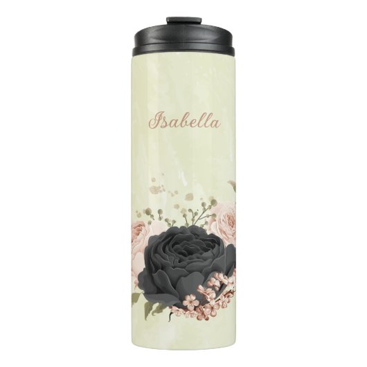 Schwarz-Rosa-Blume Thermosbecher (Vorderseite)