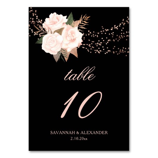 Schwarz-Rosa-Blumenstrauß-Lichter Hochzeiten Tischnummer (Rückseite)