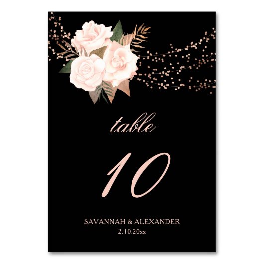 Schwarz-Rosa-Blumenstrauß-Lichter Hochzeiten Tischnummer (Vorderseite)