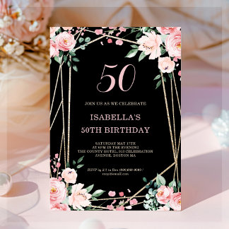 Schwarz | Rosa Blüte Blüte 50. Geburtstag Einladun Einladung