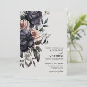 Schwarz-Rosa-Blütenhochzeit Einladung (Stehend Vorderseite)