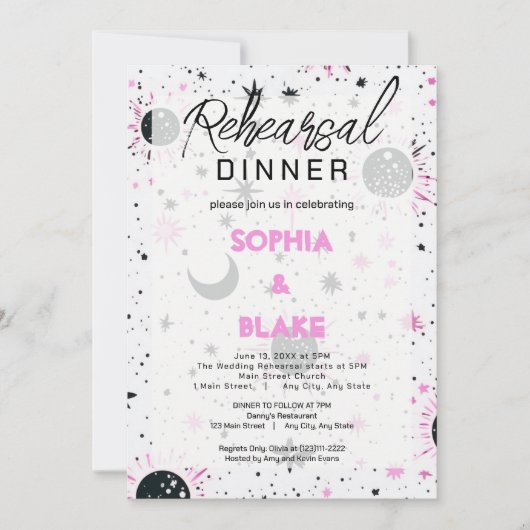 Schwarz-Rosa-Celestial Hochzeit Probe Dinner Einladung (Vorderseite)