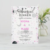 Schwarz-Rosa-Celestial Hochzeit Probe Dinner Einladung (Stehend Vorderseite)
