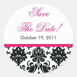 Schwarz/Rosa Damask Save the Date Hochzeitsticker Runder Aufkleber