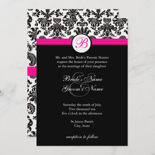 Schwarz-Rosa-Damaskus-Hochzeitseinladung Einladung (Vorne/Hinten)