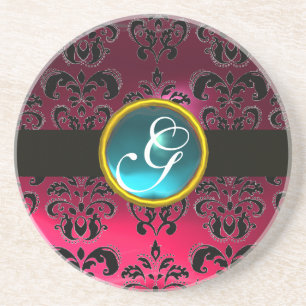 SCHWARZ-ROSA DAMAST Blaue Aquamarine-Monogramm Sandstein Untersetzer