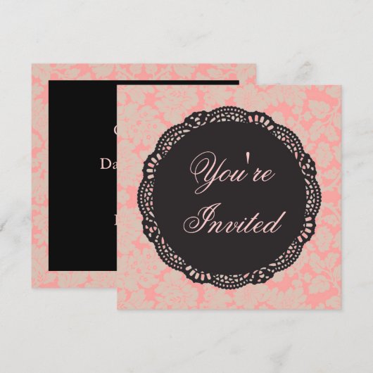 Schwarz-Rosa-Damast Einladung (Vorne/Hinten)