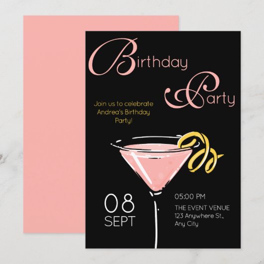 Schwarz rosa fancy Cocktail Geburtstag Einladung (Vorne/Hinten)