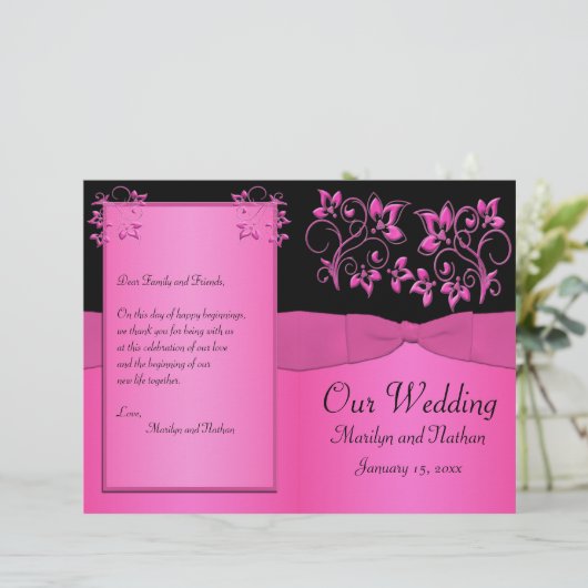 Schwarz-Rosa-Flora-Hochzeitsprogramm (Stehend Vorderseite)