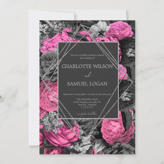 Schwarz-Rosa-Flora | Modern Chic floral Wedding In Einladung (Vorderseite)