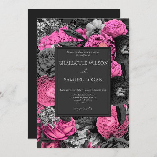 Schwarz-Rosa-Flora | Modern Chic floral Wedding In Einladung (Vorne/Hinten)