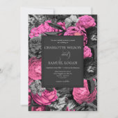 Schwarz-Rosa-Flora | Schwarz-Weiß-Foto-Hochzeit Einladung (Vorderseite)