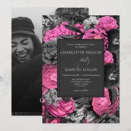 Schwarz-Rosa-Flora | Schwarz-Weiß-Foto-Hochzeit Einladung