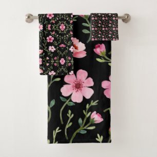 Schwarz, rosa, floral, drei Stück Badhandtuch Set