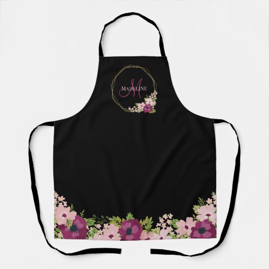 Schwarz-Rosa-Floral Geometrisches Monogramm Schürze (Vorderseite)