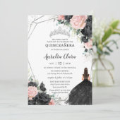 Schwarz Rosa Floral Prinzessin Silver Quinceañera Einladung (Stehend Vorderseite)