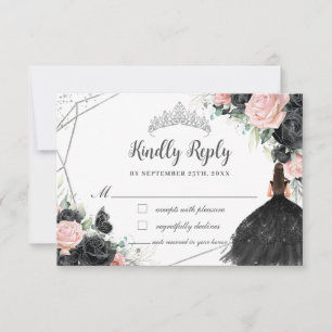 Schwarz Rosa Floral Prinzessin Silver Quinceañera RSVP Karte