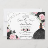 Schwarz Rosa Floral Prinzessin Silver Quinceañera Save The Date (Vorderseite)