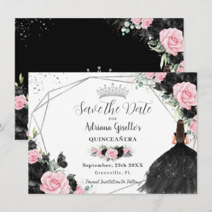 Schwarz Rosa Floral Prinzessin Silver Quinceañera Save The Date