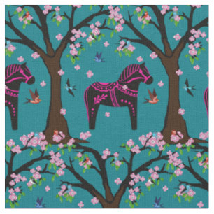 Schwarz/Rosa Folk Dala Pferd/Folkvögel/Blume 2.7 Stoff