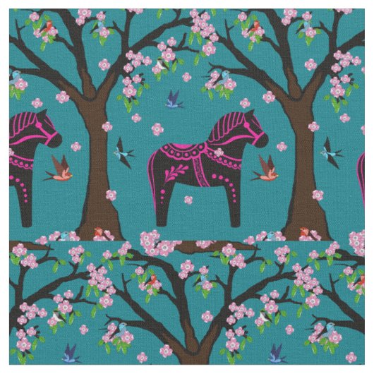 Schwarz/Rosa Folk Dala Pferd/Folkvögel/Blume 2.7 Stoff (Nahaufnahme)