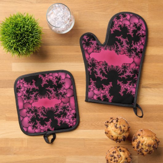 Schwarz-Rosa-Fraktal Ofenhandschuh & Topflappen-Set (Oben Unten)
