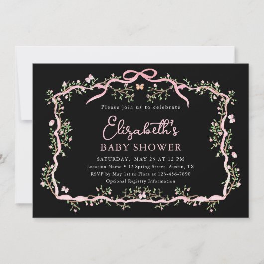 Schwarz-Rosa-Frühling Floral Frame Baby Dusche Einladung (Vorderseite)