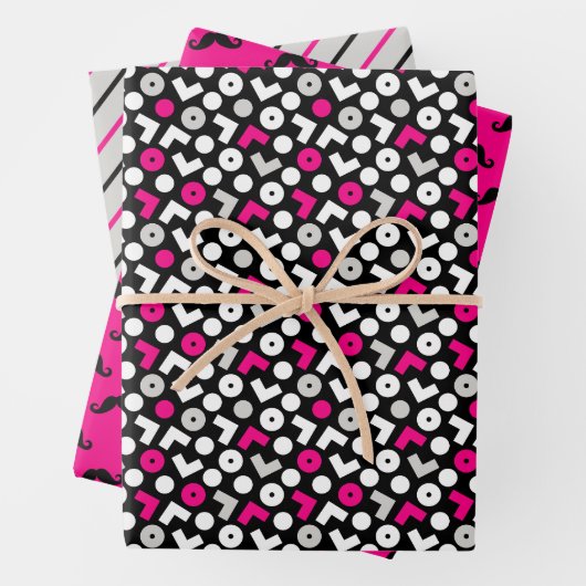 Schwarz-Rosa-Geometrie-Schnurrbartmuster Geschenkpapier Set (Beispiel)