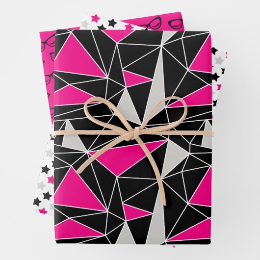 Schwarz-Rosa-Geometry-Stars-Brille Geschenkpapier Set (Beispiel)