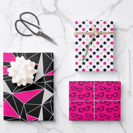 Schwarz-Rosa-Geometry-Stars-Brille Geschenkpapier Set (Vorderseite)